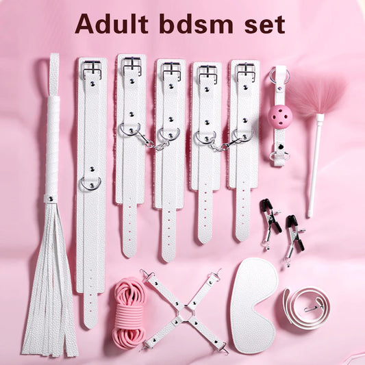 Exotic Bed Bondage Set BDSM Kits Exotic Sex Toys For Adults Games Leather Handcuffs Whip Gag Nipple Clamps Women Sex Products