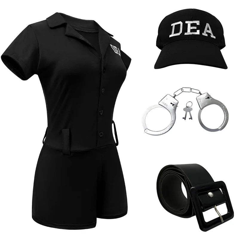 Women DEA Role Play Costume Set Police Agent Outfit with Cap Black Jumpsuit Belt Handcuffs Baton for Cosplay Theme Party