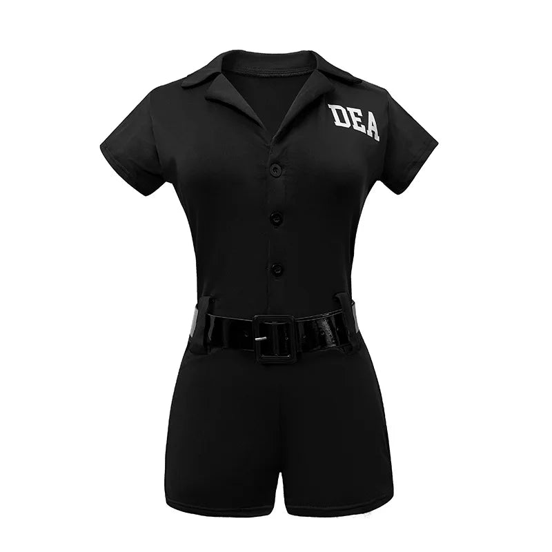 Women DEA Role Play Costume Set Police Agent Outfit with Cap Black Jumpsuit Belt Handcuffs Baton for Cosplay Theme Party