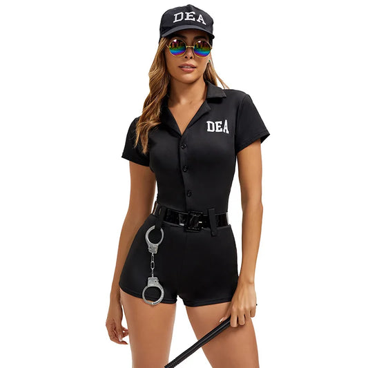 Women DEA Role Play Costume Set Police Agent Outfit with Cap Black Jumpsuit Belt Handcuffs Baton for Cosplay Theme Party