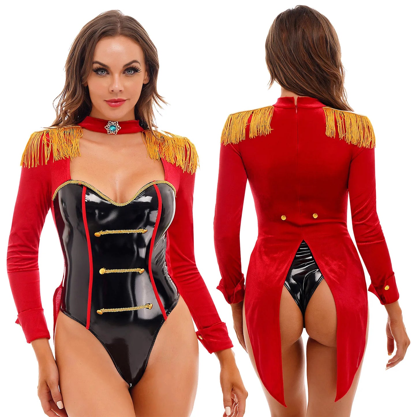 Women's Adult Circus Ringmaster Lion Tamer Showman Costume Majorette Tassel Shoulder Board Catsuit Halloween Outfit Clubwear