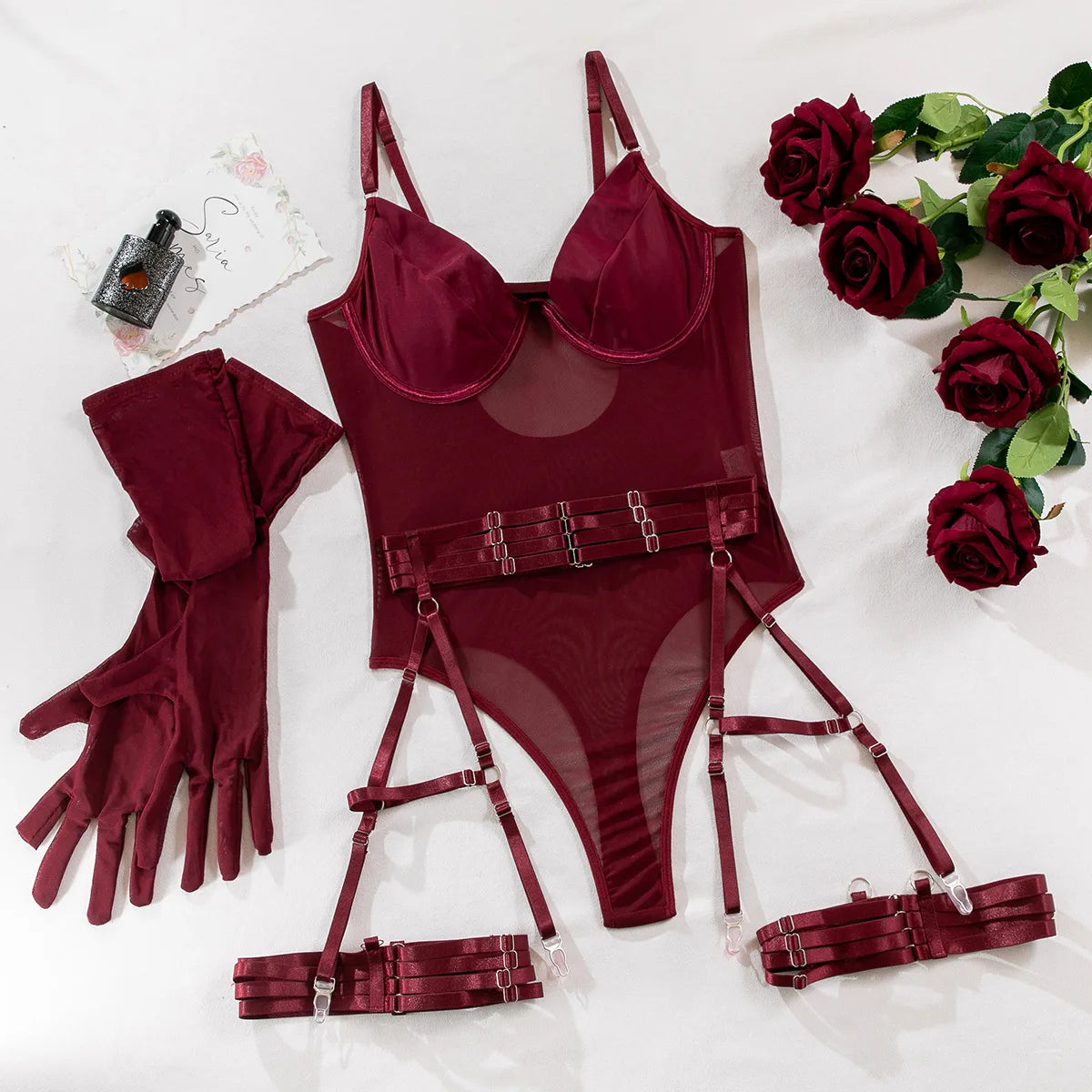 Tight Lingerie Lace Bodysuit Sexy See Through Erotic Bodysuit with Gloves Garter Night Clubwear Outfit Sissy Crotchless Mesh Top