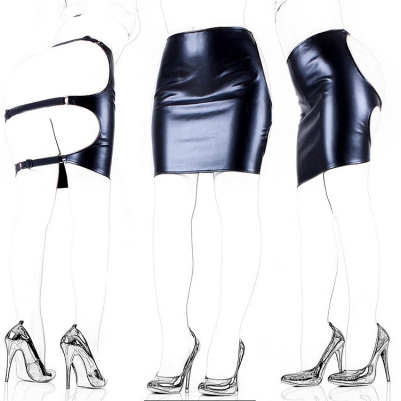 BDSM Role Play Faux Leather Lingerie with Sexy Adjustable Open Crotch Hip Hugging Waist Skirt for Women Adult Game Sex Toys