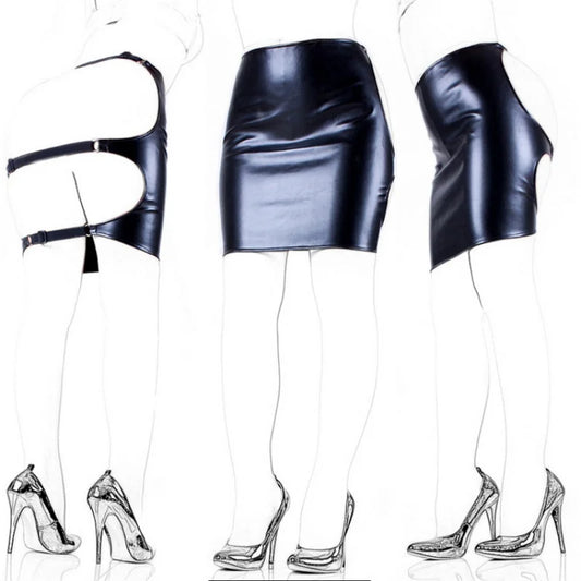 BDSM Role Play Faux Leather Lingerie with Sexy Adjustable Open Crotch Hip Hugging Waist Skirt for Women Adult Game Sex Toys