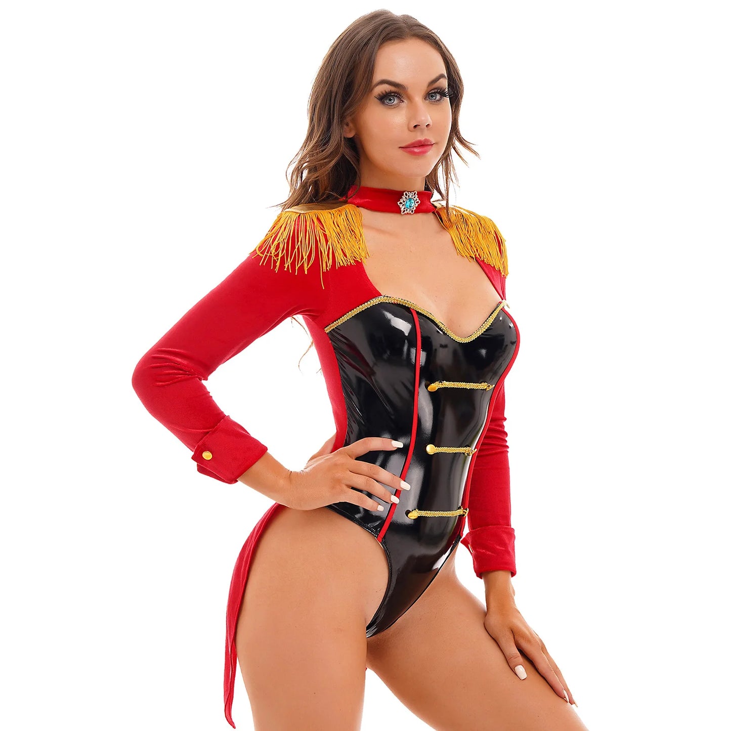 Women's Adult Circus Ringmaster Lion Tamer Showman Costume Majorette Tassel Shoulder Board Catsuit Halloween Outfit Clubwear