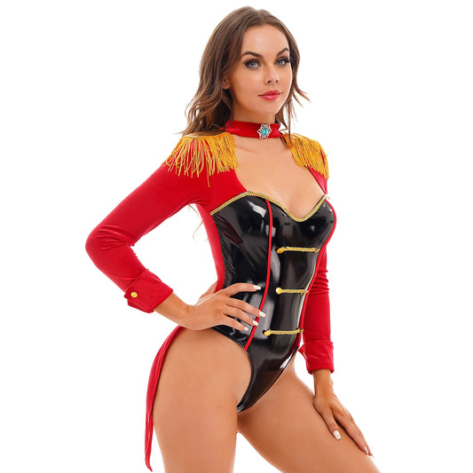 Women's Adult Circus Ringmaster Lion Tamer Showman Costume Majorette Tassel Shoulder Board Catsuit Halloween Outfit Clubwear