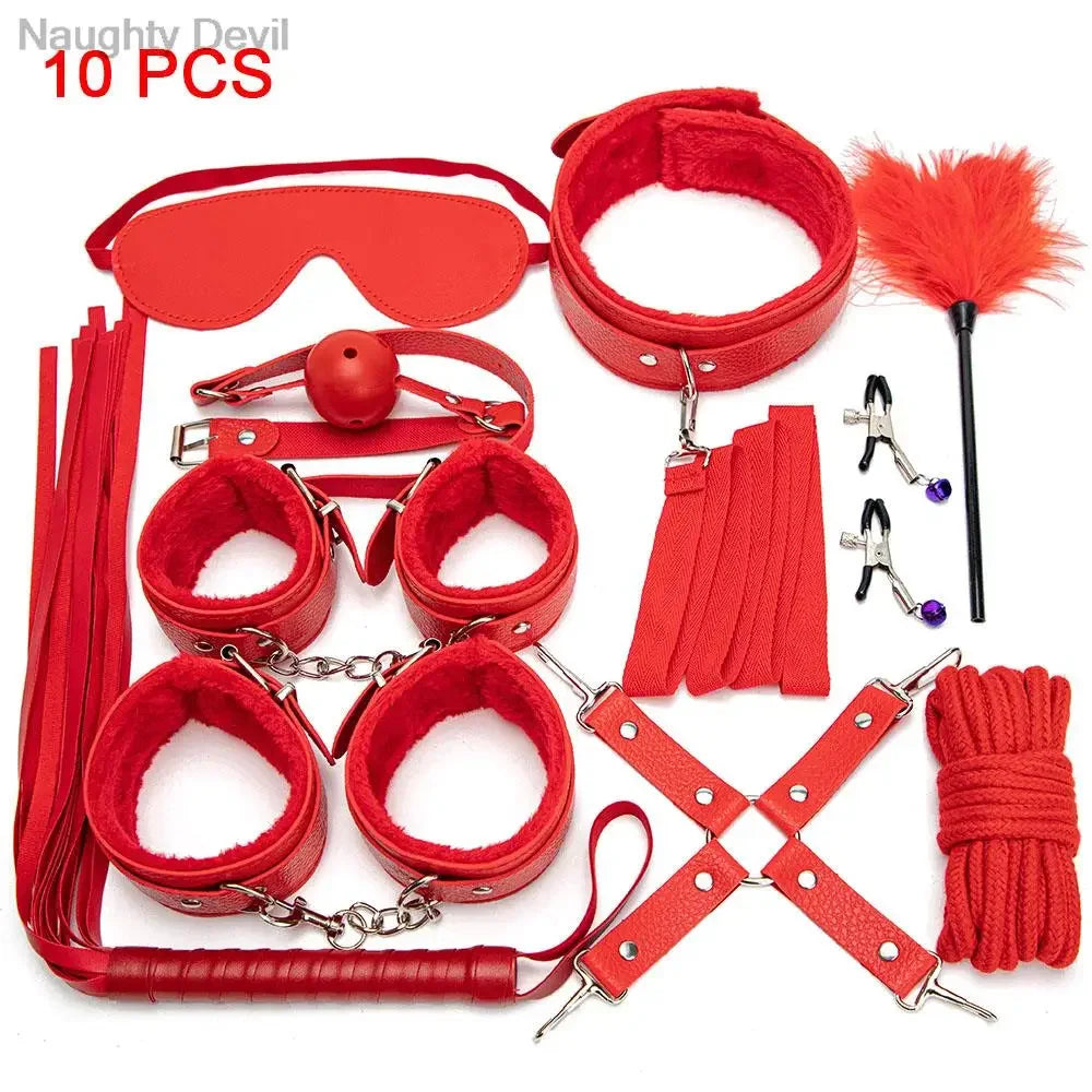 BDSM Kit Tool Set Soft PU Erotic Games Paras Pareja Adult Toy, Slave Restraints, Handcuffs, Sex Whips, Sex Toys Combination Suit