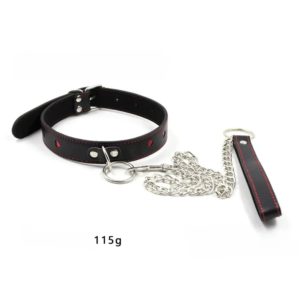 BDSM Red Heart Chain Leather Restraints Bondage Toys Traction Collar Training Fetish Slave Flirting Leash Toys for Man Woman Gay