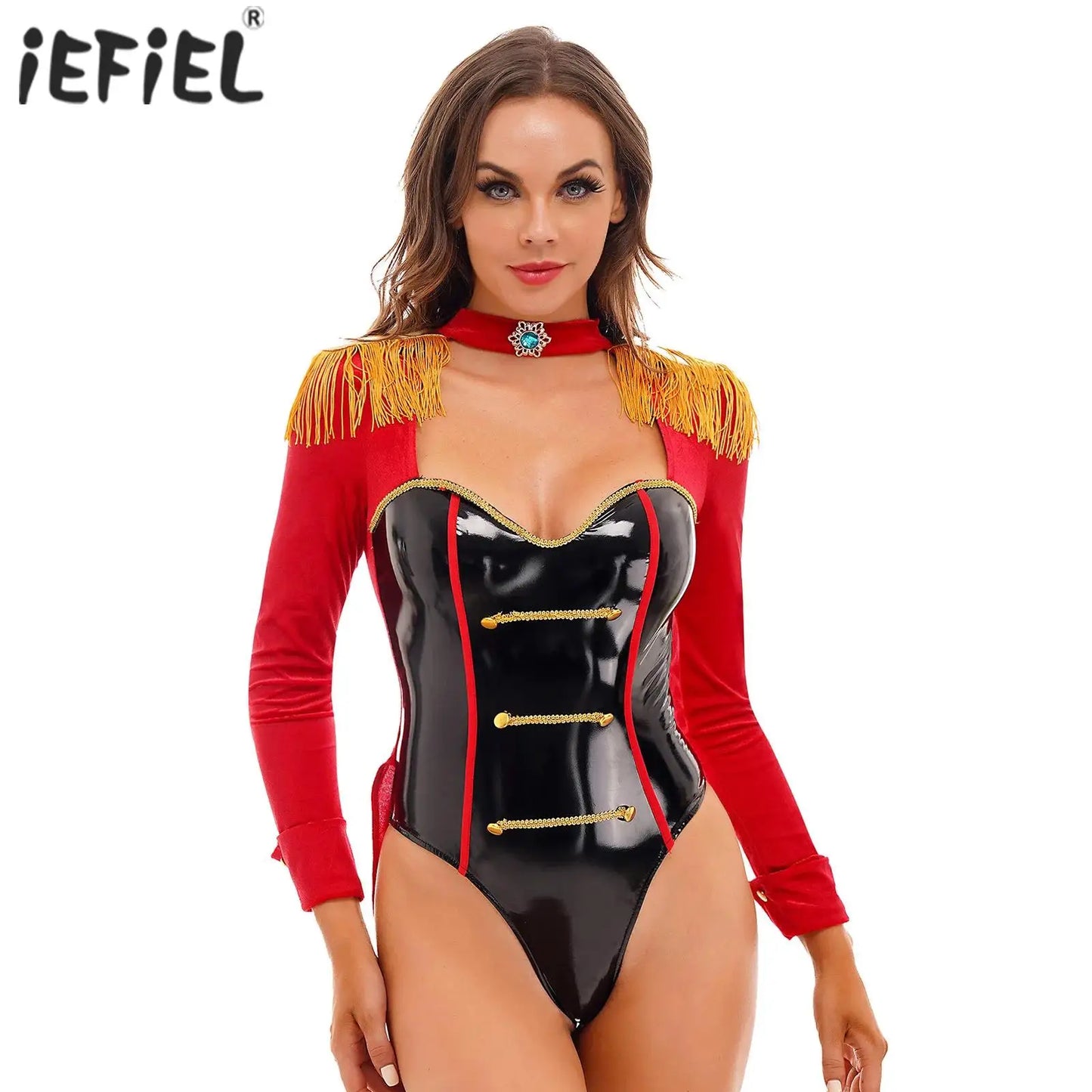 Women's Adult Circus Ringmaster Lion Tamer Showman Costume Majorette Tassel Shoulder Board Catsuit Halloween Outfit Clubwear