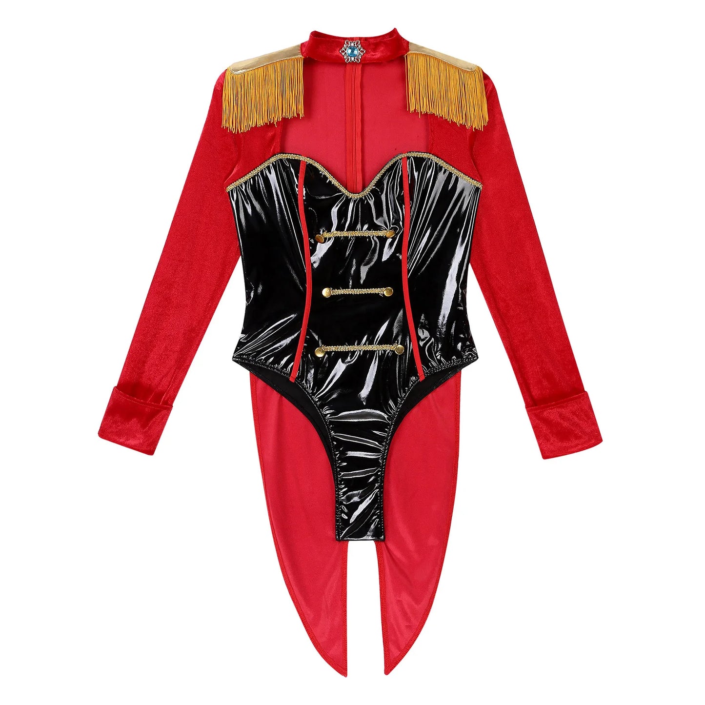 Women's Adult Circus Ringmaster Lion Tamer Showman Costume Majorette Tassel Shoulder Board Catsuit Halloween Outfit Clubwear