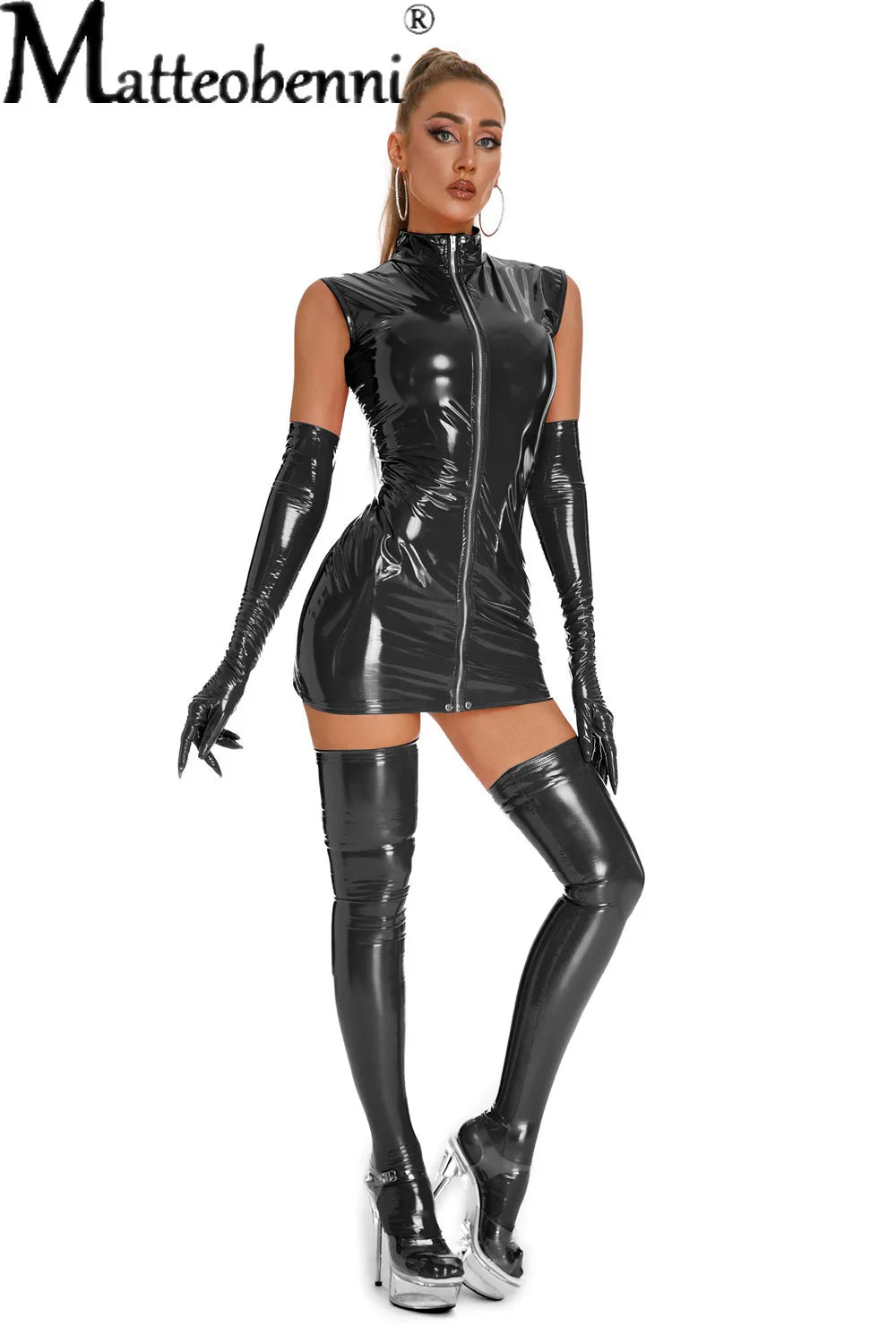 PU Leather Dress With Glove Stockings Punk Gothic Sexy Bodycon Mini Lingerie Dress Latex Catsuit Women Club Party Outfits