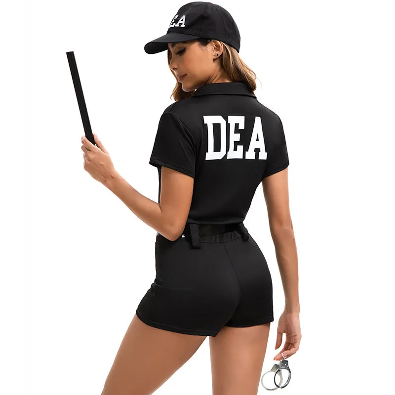 Women DEA Role Play Costume Set Police Agent Outfit with Cap Black Jumpsuit Belt Handcuffs Baton for Cosplay Theme Party