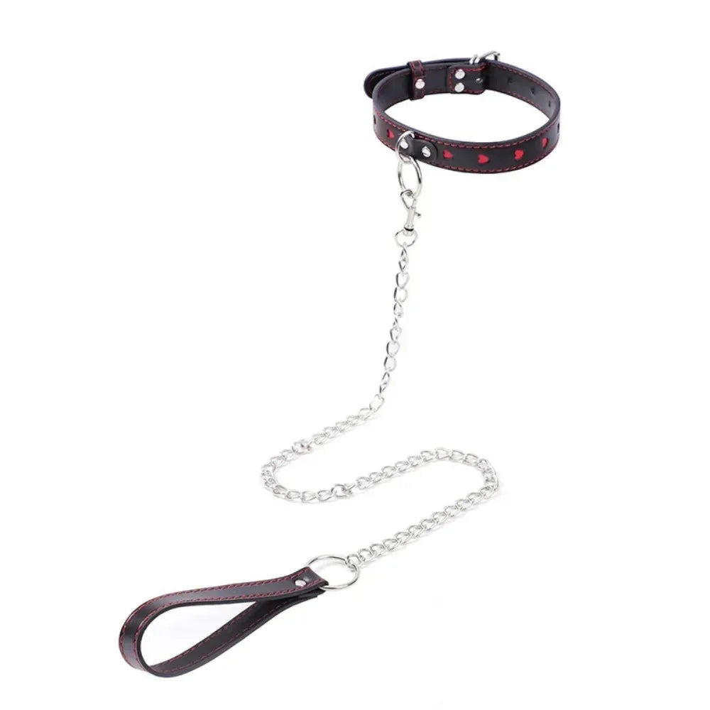 BDSM Red Heart Chain Leather Restraints Bondage Toys Traction Collar Training Fetish Slave Flirting Leash Toys for Man Woman Gay