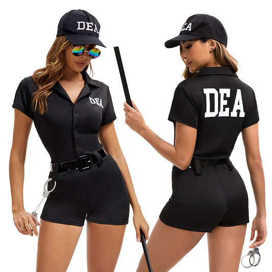 Women DEA Role Play Costume Set Police Agent Outfit with Cap Black Jumpsuit Belt Handcuffs Baton for Cosplay Theme Party