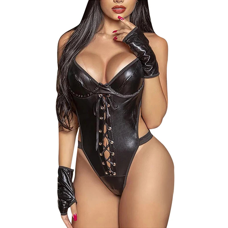 Latex Leather Bodysuits For Women Sexy Lingerie Porno Costumes Backless Bandage Teddies Underwear Erotic Rompers Sex Bodysuit