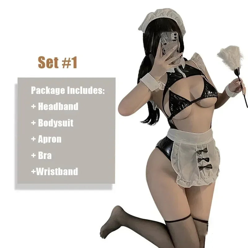 Anime Maid Uniform Women Sexy Cosplay Lingerie PU Latex Leather Hollow Out Bra and Crotchless Skirt Set French Apron Outfit