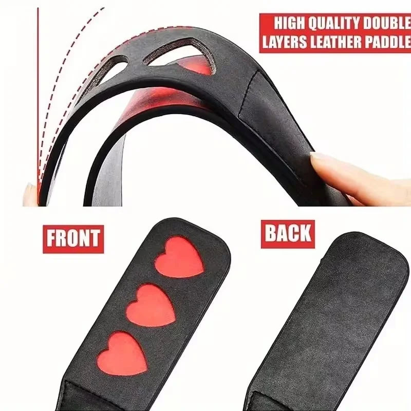 Double-Layer PU Leather Erotic Paddle, Heart-Shaped LOVE Riding Crop Erotic Toy, Fun Training Paddle