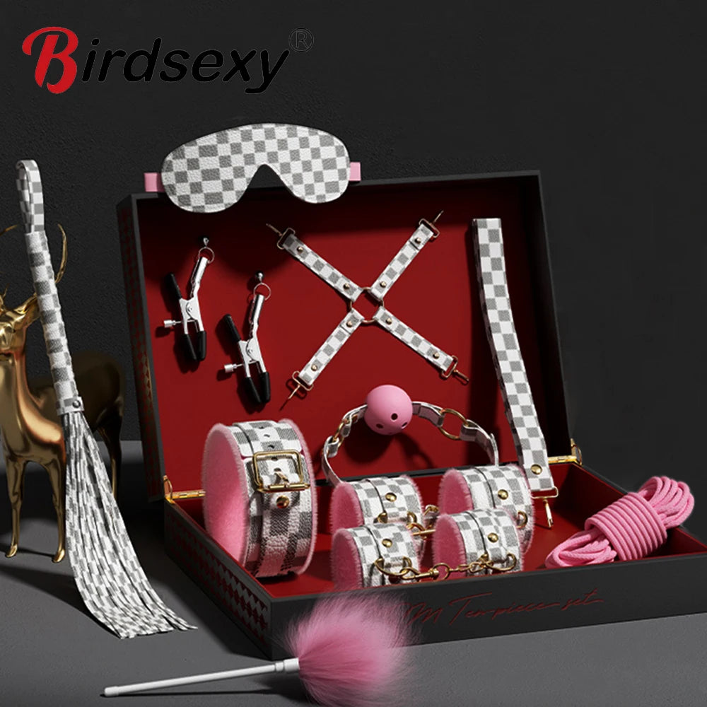 Exotic Bed Bondage Set BDSM Kits Exotic Sex Toys For Adults Games Leather Handcuffs Whip Gag Nipple Clamps Women Sex Products
