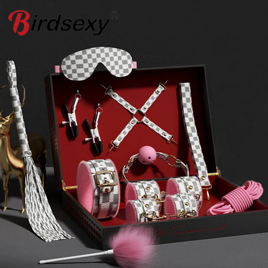Exotic Bed Bondage Set BDSM Kits Exotic Sex Toys For Adults Games Leather Handcuffs Whip Gag Nipple Clamps Women Sex Products