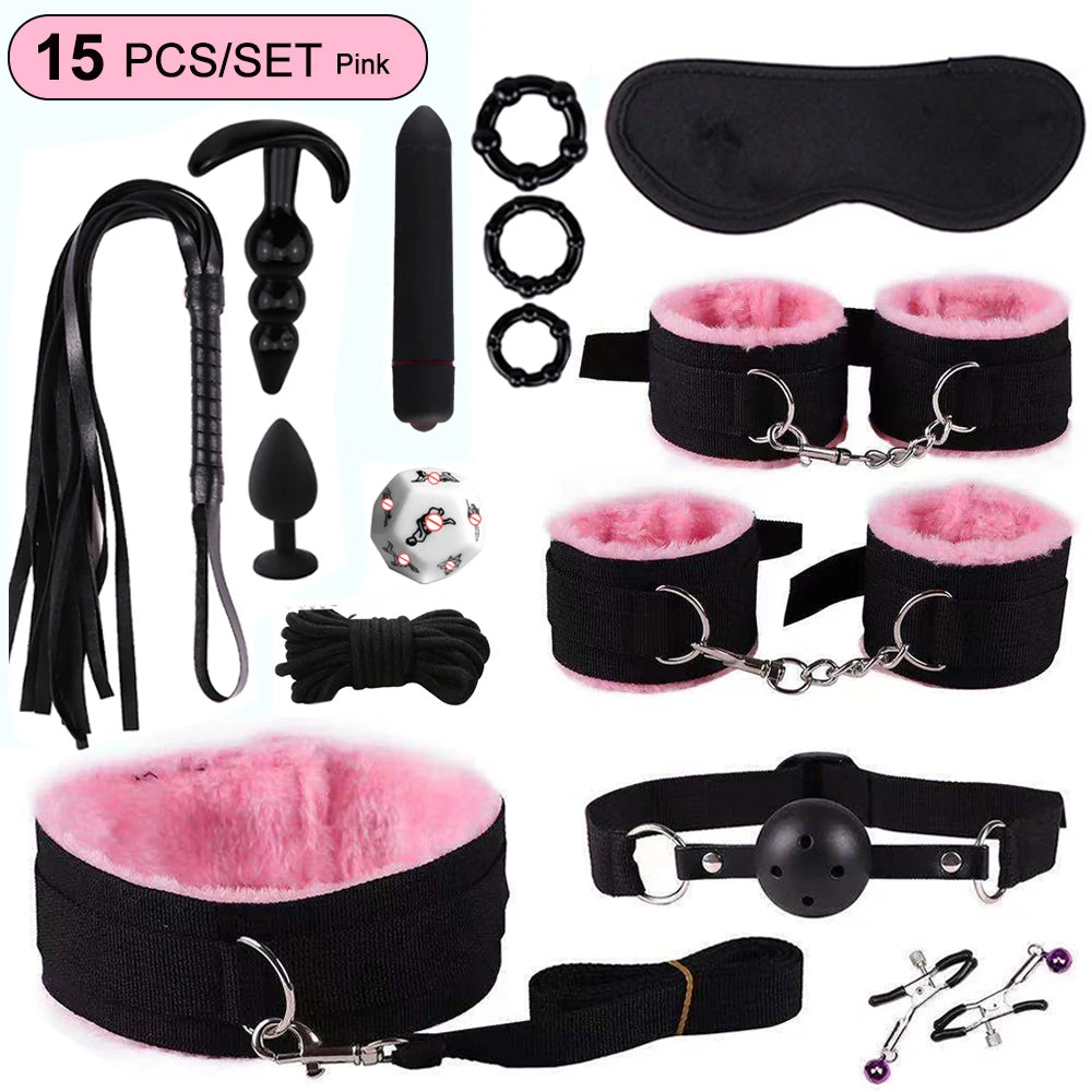 BDSM Sex Kits Adults Sex Toys For Women Men Handcuffs Nipple Clamps Whip Spanking Sex Metal Anal Plug Vibrator Butt Bdsm Bondage
