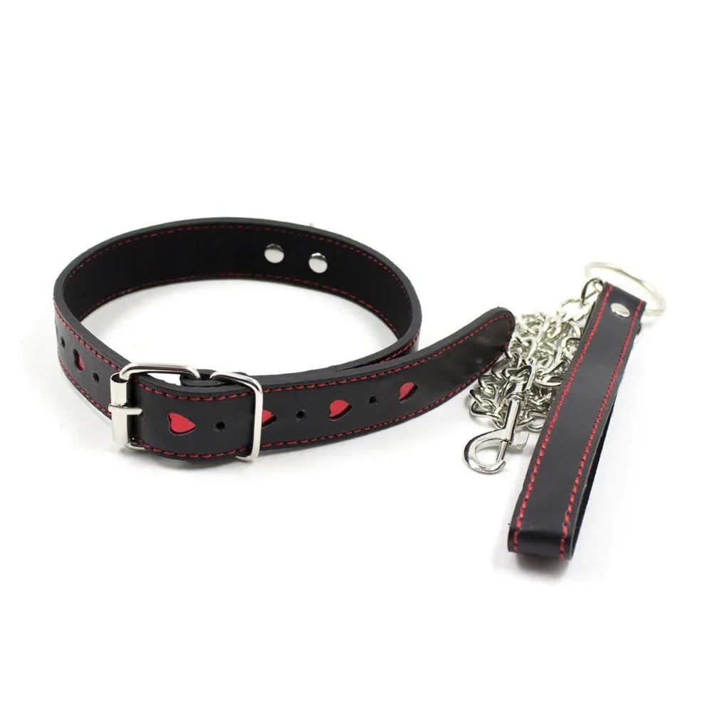 BDSM Red Heart Chain Leather Restraints Bondage Toys Traction Collar Training Fetish Slave Flirting Leash Toys for Man Woman Gay