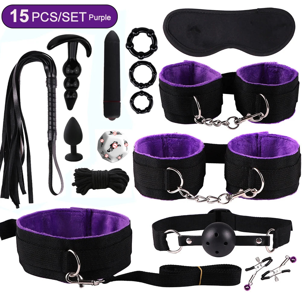 BDSM Sex Kits Adults Sex Toys For Women Men Handcuffs Nipple Clamps Whip Spanking Sex Metal Anal Plug Vibrator Butt Bdsm Bondage