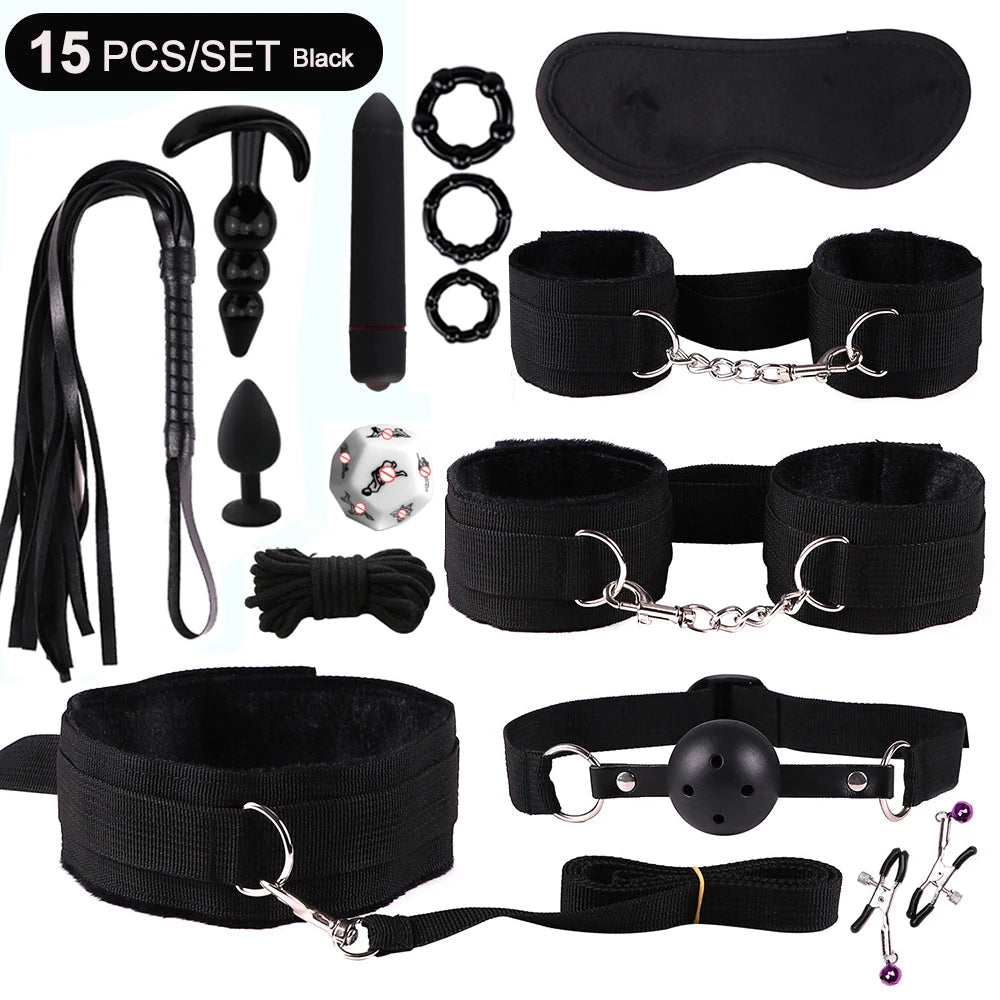 BDSM Sex Kits Adults Sex Toys For Women Men Handcuffs Nipple Clamps Whip Spanking Sex Metal Anal Plug Vibrator Butt Bdsm Bondage