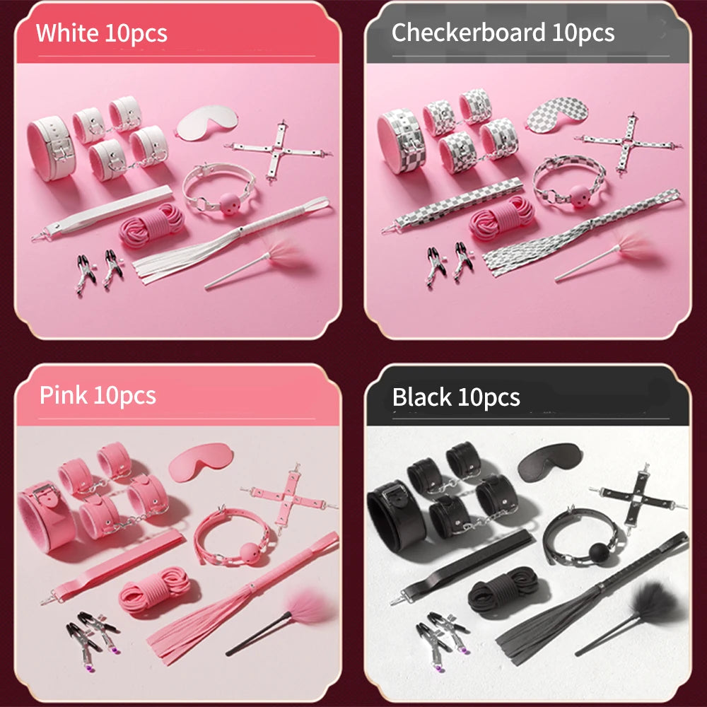 Exotic Bed Bondage Set BDSM Kits Exotic Sex Toys For Adults Games Leather Handcuffs Whip Gag Nipple Clamps Women Sex Products