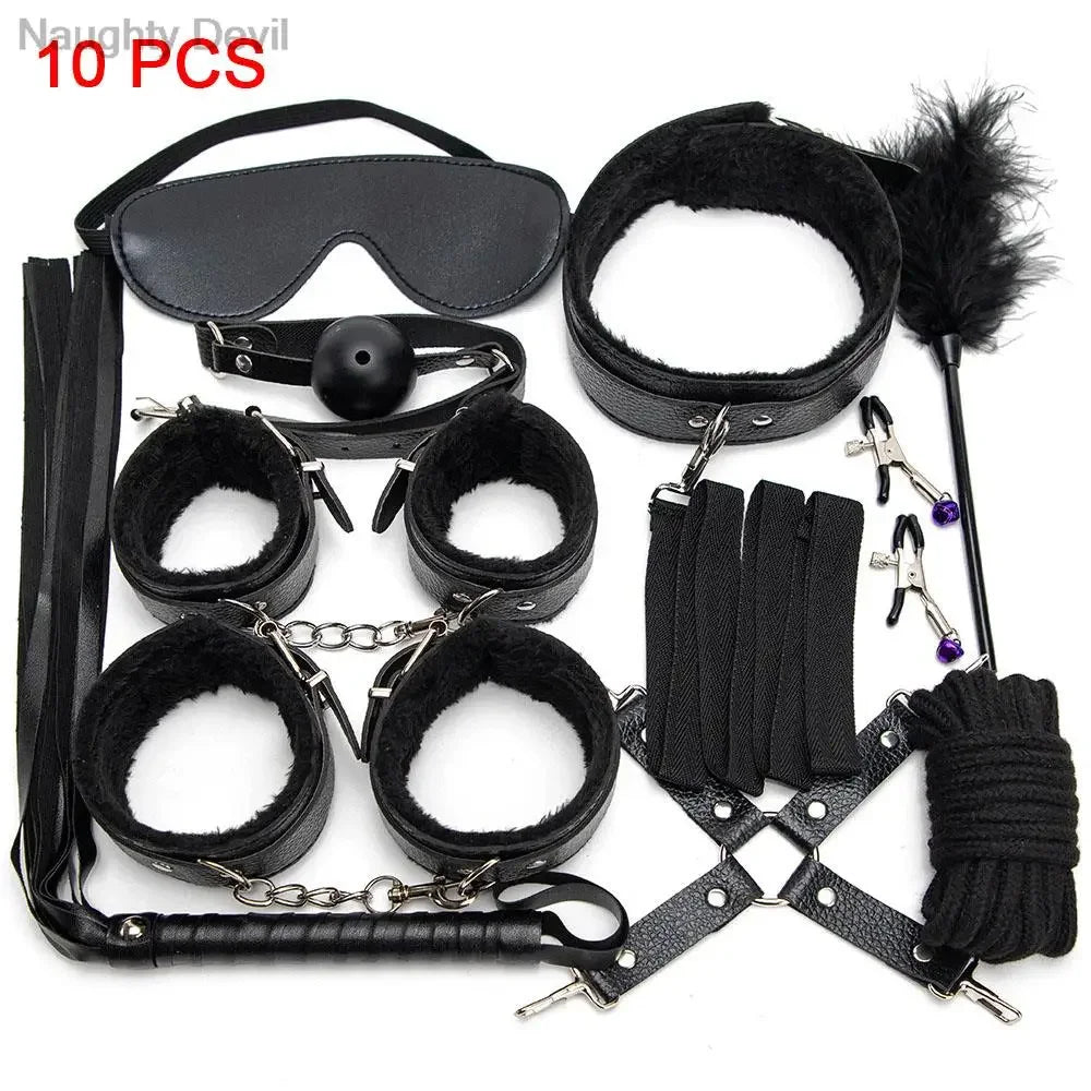 BDSM Kit Tool Set Soft PU Erotic Games Paras Pareja Adult Toy, Slave Restraints, Handcuffs, Sex Whips, Sex Toys Combination Suit