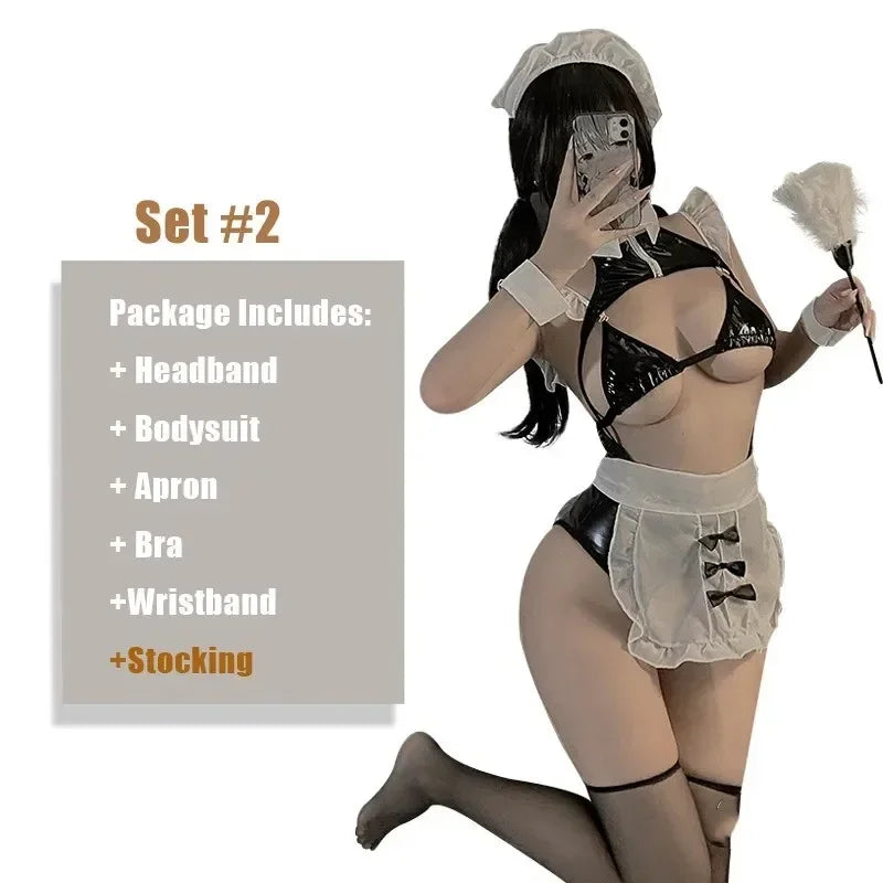 Anime Maid Uniform Women Sexy Cosplay Lingerie PU Latex Leather Hollow Out Bra and Crotchless Skirt Set French Apron Outfit