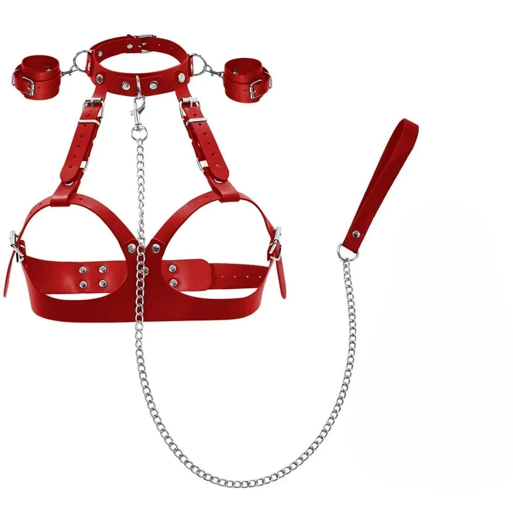 BDSM Training Bondage Sex Toys Adjustable Handcuffs and Leg Cuffs PU Collar and Bra Couple Toys SM Slave Props for Men and Women