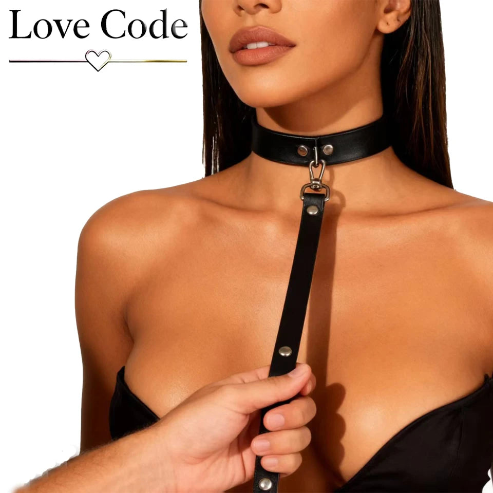 Exotic Accessories of Bdsm Slave Bondage Leather Collar with Leash Belt Choker Necklace Animal Pet Accessories Adjustable Black