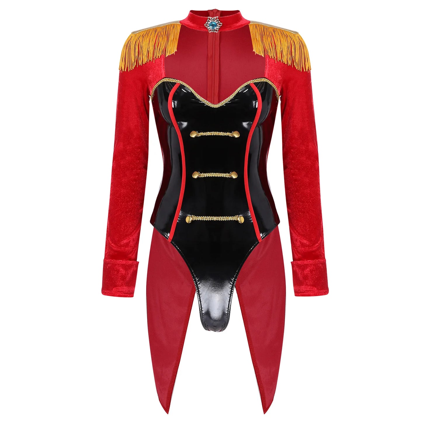Women's Adult Circus Ringmaster Lion Tamer Showman Costume Majorette Tassel Shoulder Board Catsuit Halloween Outfit Clubwear