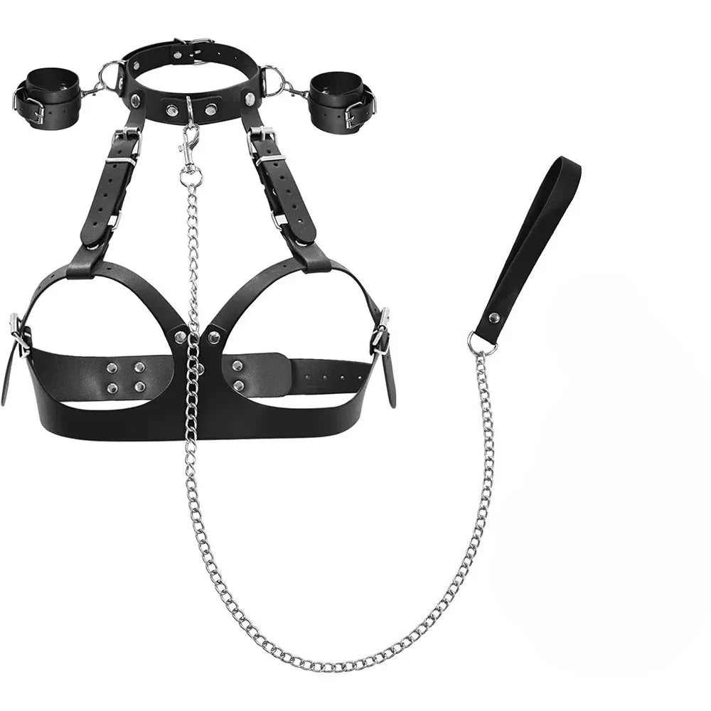 BDSM Training Bondage Sex Toys Adjustable Handcuffs and Leg Cuffs PU Collar and Bra Couple Toys SM Slave Props for Men and Women