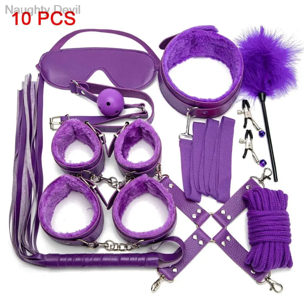 BDSM Kit Tool Set Soft PU Erotic Games Paras Pareja Adult Toy, Slave Restraints, Handcuffs, Sex Whips, Sex Toys Combination Suit