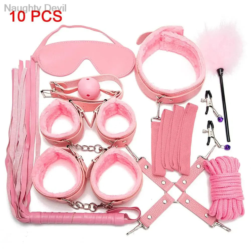 BDSM Kit Tool Set Soft PU Erotic Games Paras Pareja Adult Toy, Slave Restraints, Handcuffs, Sex Whips, Sex Toys Combination Suit