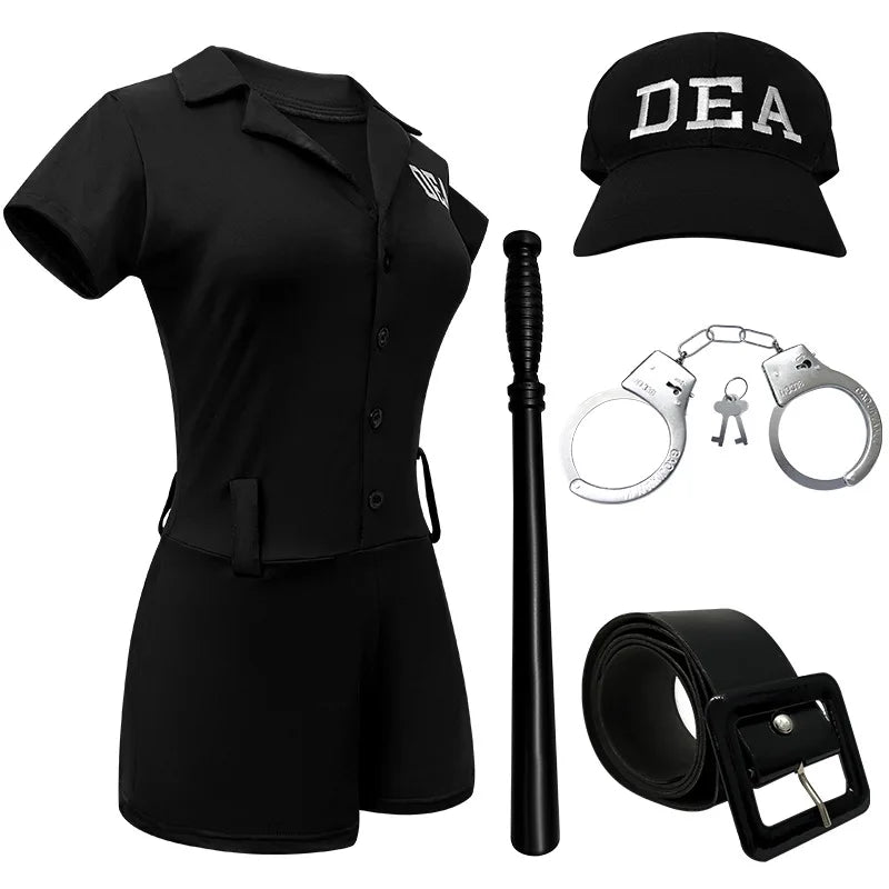 Women DEA Role Play Costume Set Police Agent Outfit with Cap Black Jumpsuit Belt Handcuffs Baton for Cosplay Theme Party